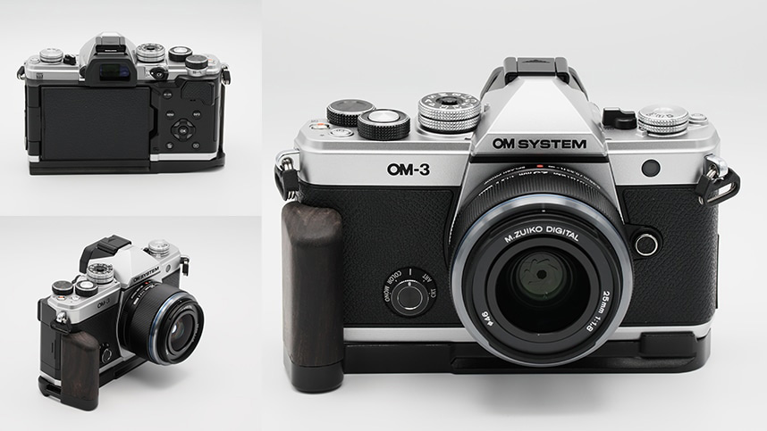 UN OM-3 Wood Grip and OM System OM-3 product images on white background