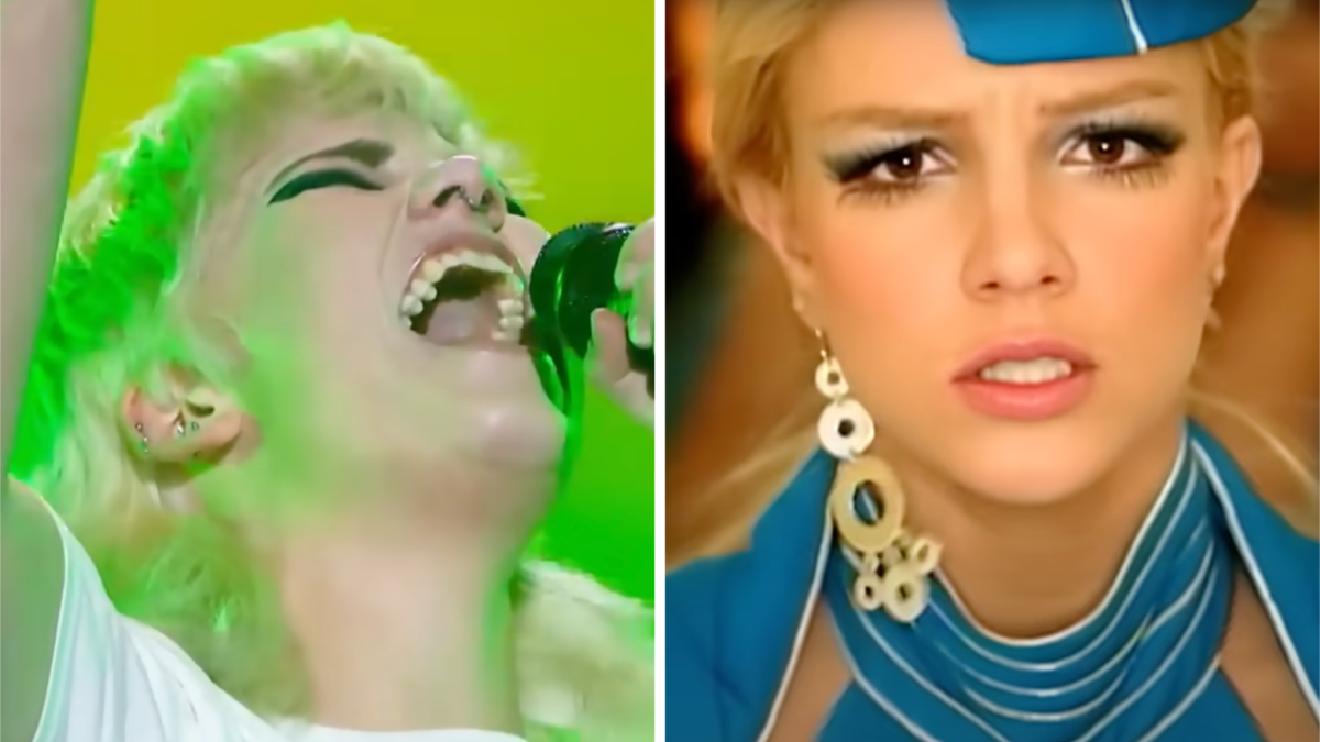 The Voice Australia contestant singing, next to a screenshot from Britney Spears&#039; Toxic