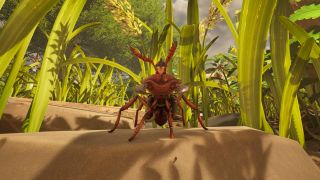 Grounded 2 grass seeds: A character riding a red soldier ant, with lots of grass and grass flowers in the background.