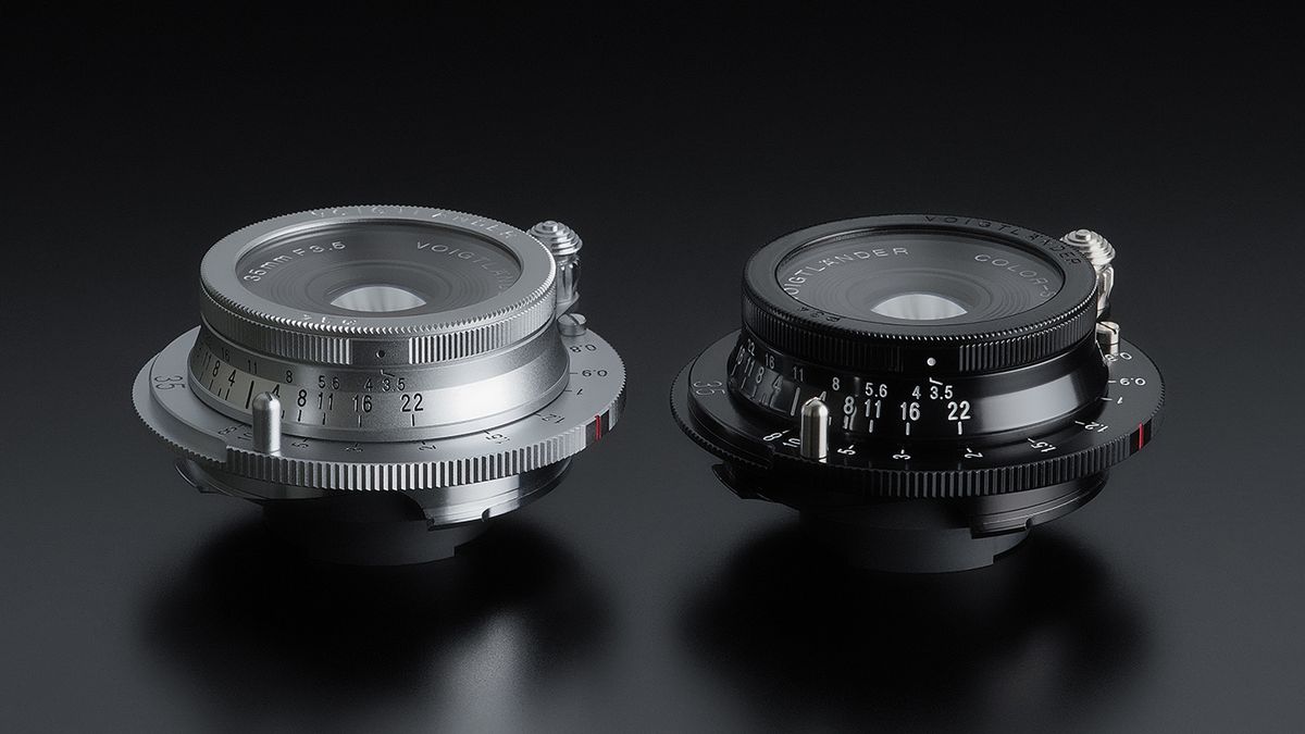 The Voigtlander Color-Skopar 35mm f/3.5 Aspherical VM in both silver and black sits against a dark background