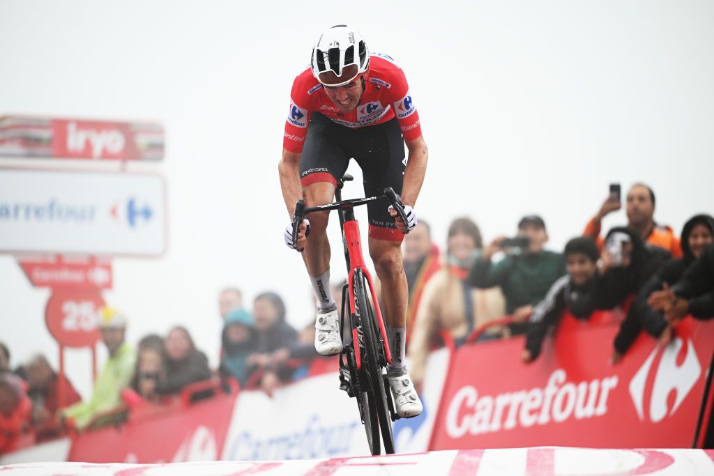 LAGOS DE COVADONGA SPAIN SEPTEMBER 03 Ben OConnor of Australia and Team Decathlon AG2R La Mondiale Red Leader Jersey reacts after crosses the finish line during the La Vuelta 79th Tour of Spain 2024 Stage 16 a 1815km stage Luanco to Lagos de Covadonga 1069m UCIWT on September 03 2024 in Lagos de Covadonga Spain Photo by Dario BelingheriGetty Images