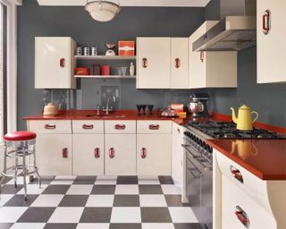 1950's style red and cream kitchen decorated in American diner