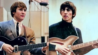 LEFT: David Crosby of The Byrds at a recording session in Los Angeles, California, January 28, 1965. RIGHT: CIRCA 1965: Guitarist George Harrison of the rock and roll band "The Beatles" records on a Rickenbacker electric guitar in the studio in circa 1965. 
