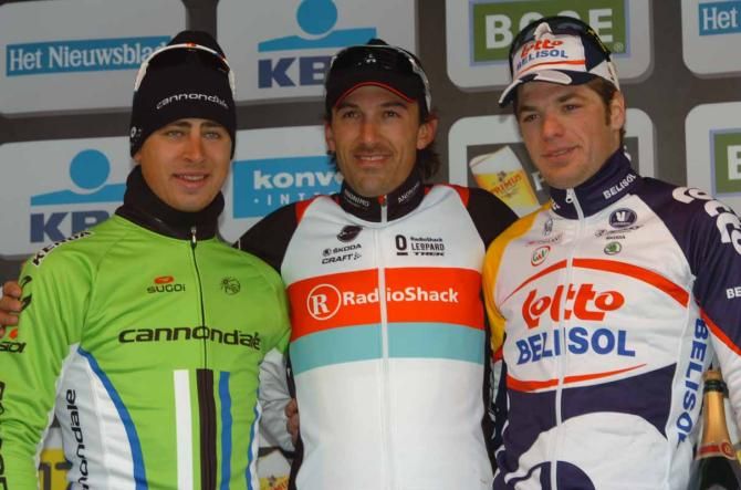 The 2013 Tour of Flanders podium (l-r): Peter Sagan, Fabian Cancellara, Jurgen Roelandts