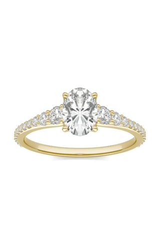 Best Engagement Ring Brands | Charles & Colvard 1.30 CTW DEW Oval Forever One Moissanite Signature Graduated Side Stone Engagement Ring 14K Yellow Gold