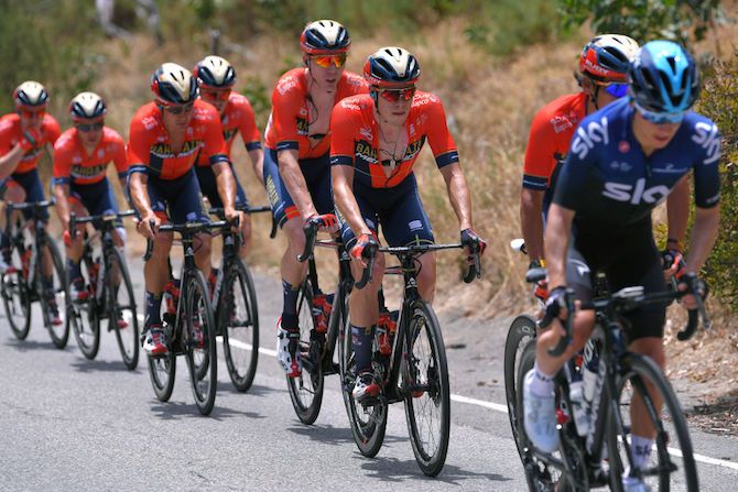 Bahrain-Merida's Phil Bauhaus leads teammate Marcel Sieberg during the 2019 Tour Down Under