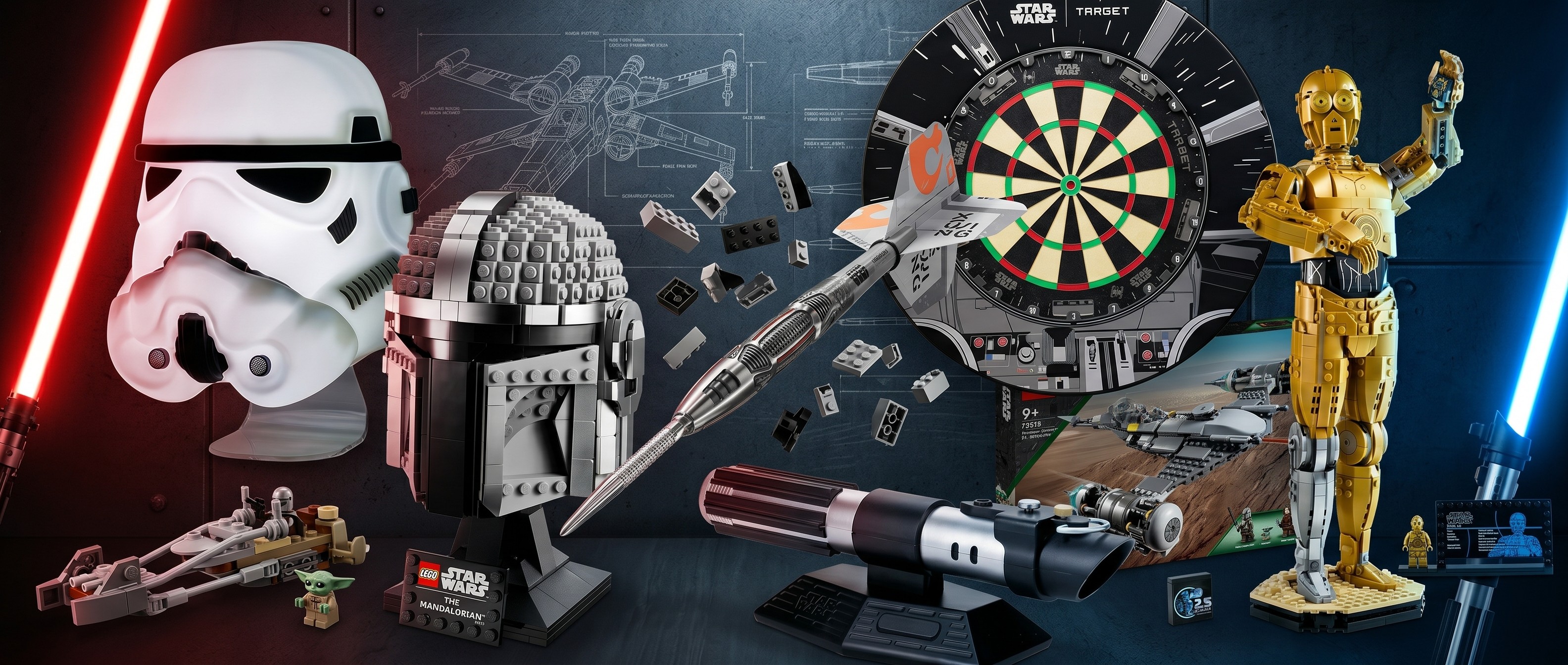 A collage of Star Wars merch on sale at Currys for Star Wars Day, including Lego, darts sets and lights.
