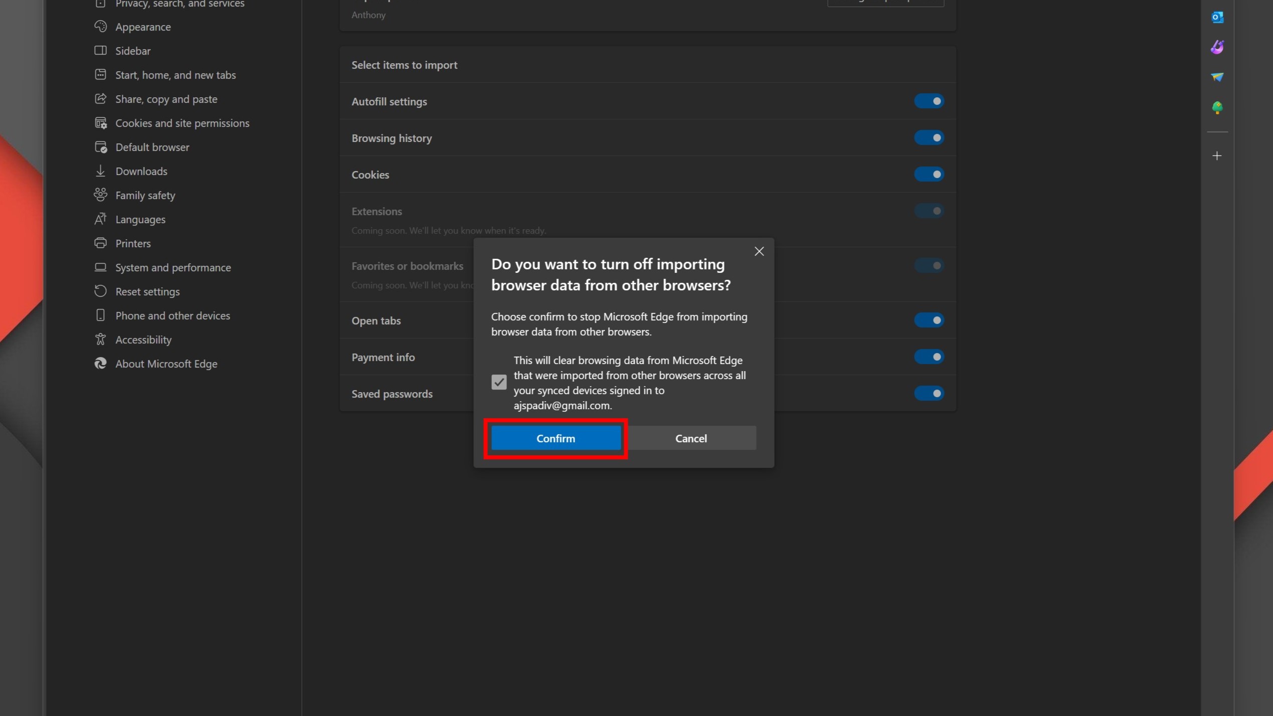 Confirm disabling import browser data in Edge