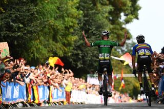 LEUVEN BELGIUM SEPTEMBER 26 Ryan Mullen of Ireland waves the crowd during the 94th UCI Road World Championships 2021 Men Elite Road Race a 2683km race from Antwerp to Leuven flanders2021 on September 26 2021 in Leuven Belgium Photo by Tim de WaeleGetty Images