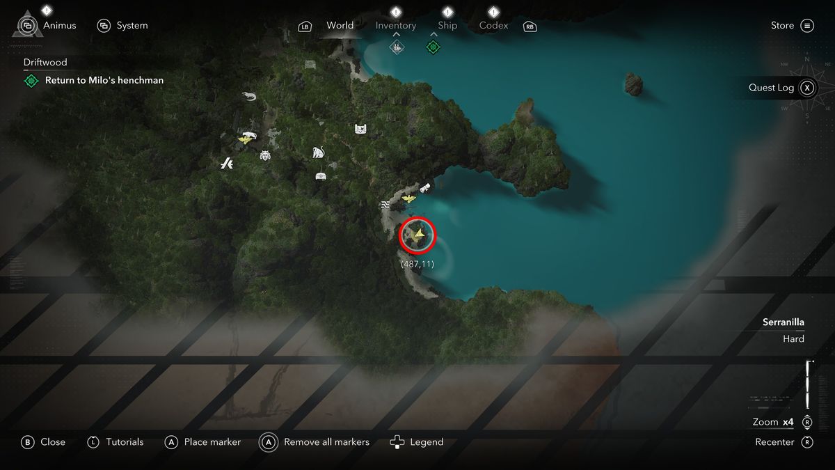 Black Flag treasure maps: A screenshot of the map with a red circle showing the location of the buried treasure chest in Isla Providencia.