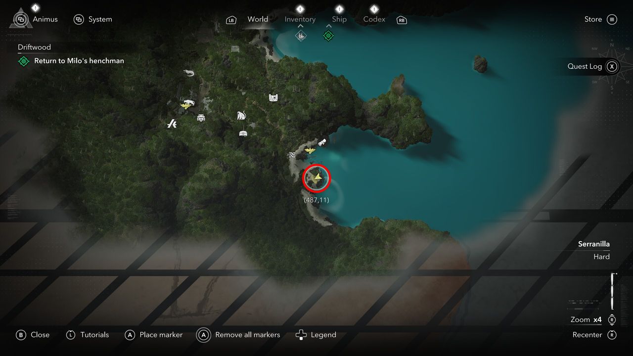 Black Flag treasure maps: A screenshot of the map with a red circle showing the location of the buried treasure chest in Isla Providencia.