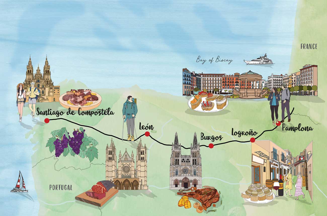 Illustrated map of Camino de Santiago