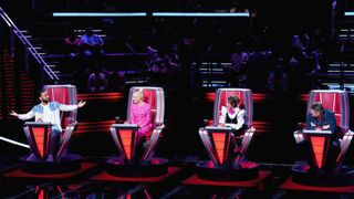 John Legend, Gwen Stefani, Camila Cabello, Blake Shelton sit in the big red chairs on The Voice 2022
