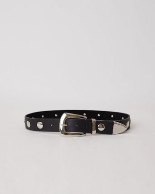 Black wide studded belt with a Western buckle and silver studs