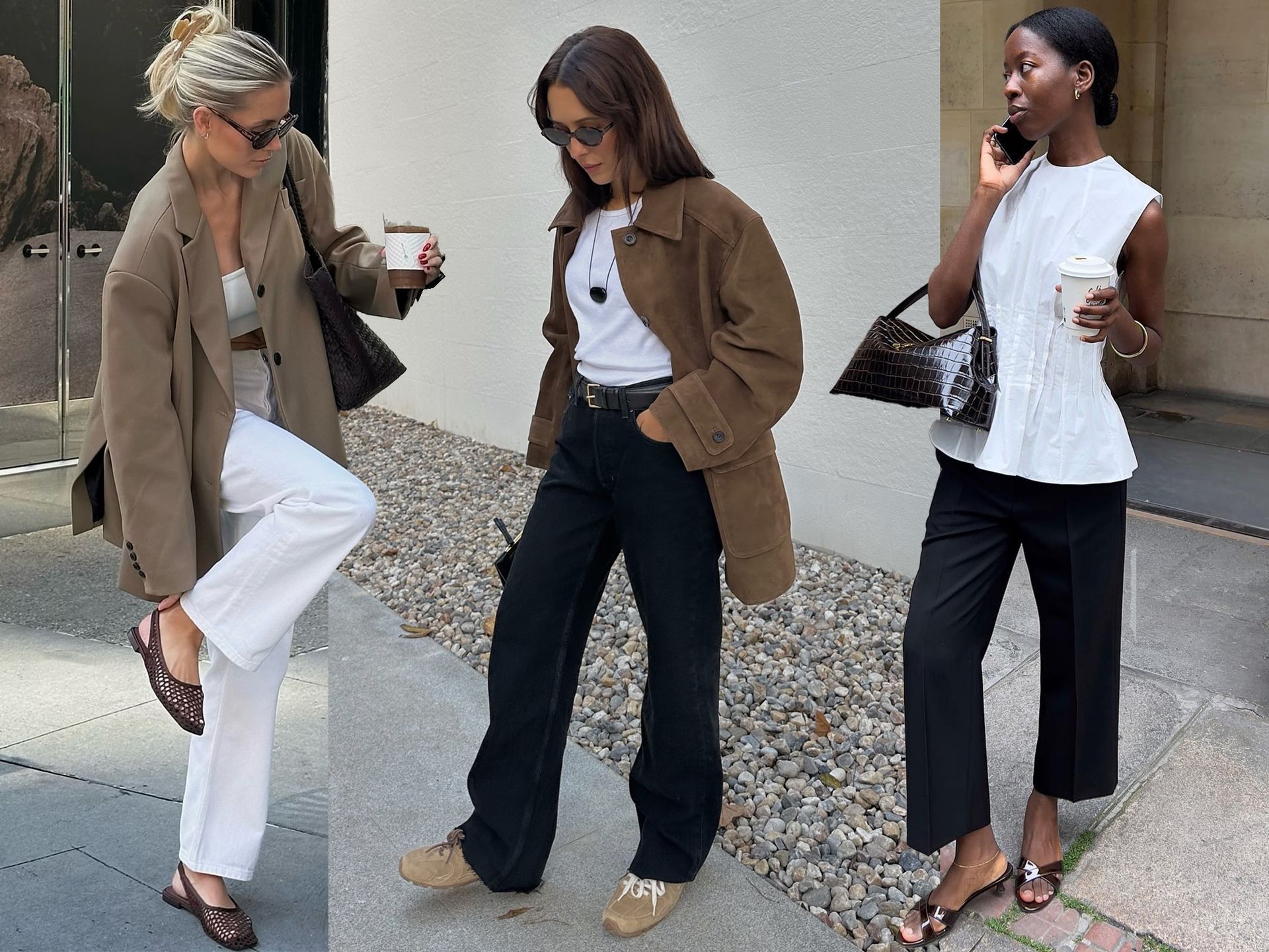 fashion collage featuring style influencers Fredrika Ekerot, Debora Rosa, and Sylvie Mus wearing spring 2025 shoe trends like woven flats, suede sneakers, and kitten-heel sandals