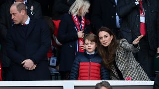 Prince William, Catherine, Princess of Wales and Prince George at the Guinness Six Nations Rugby match between England and Wales