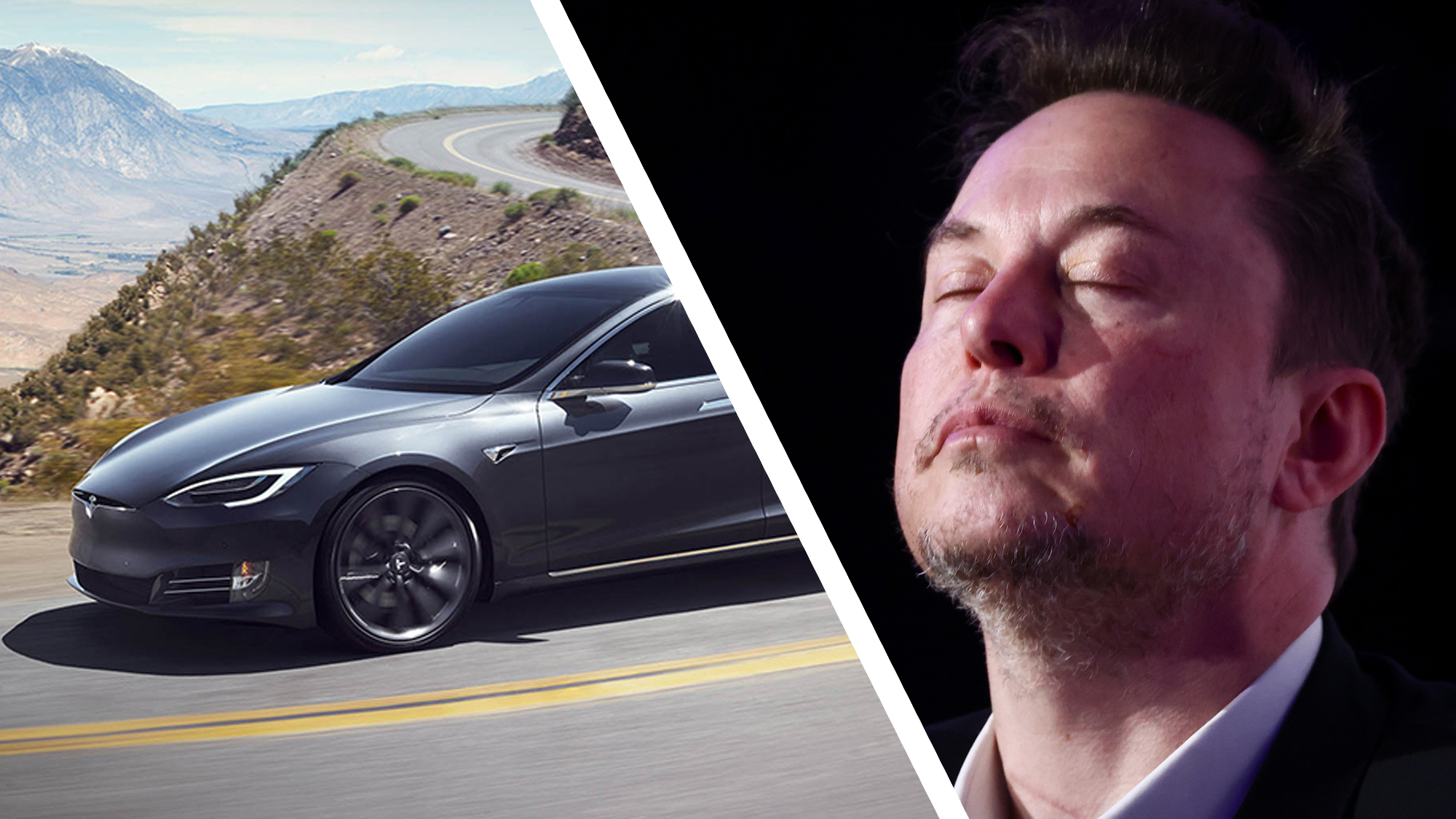 A Tesla Model S car next to Elon Musk looking sad
