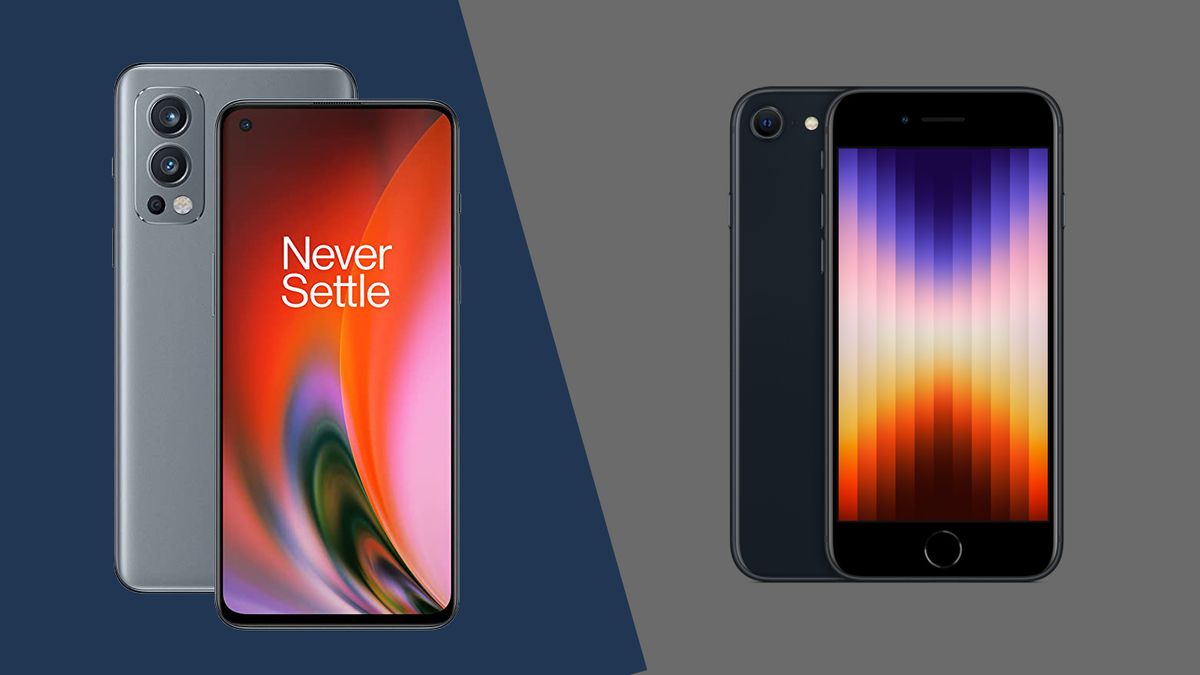 A OnePlus Nord 2 against a blue background and an iPhone SE (2022) against a grey one