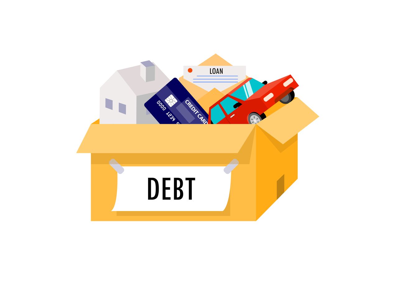 An illustrated image of a box with the word &amp;#039;debt&amp;#039; on it carrying a house, a car, and a credit card