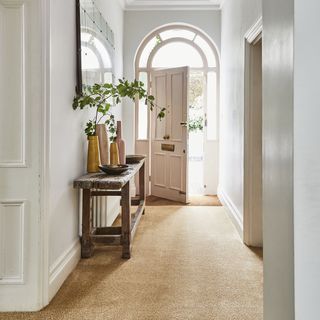 hallway with white walls and carpet flooring