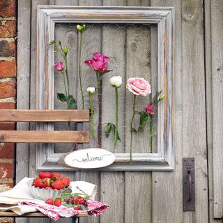 rustic frame with roses and wooden door