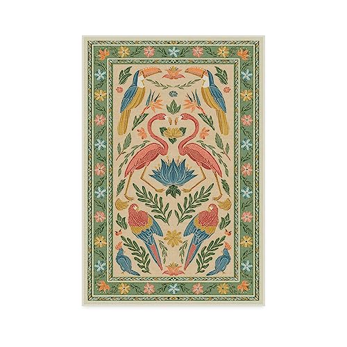 Ruggable X Iris Apfel Machine Washable Modern Area Rug– Birds of a Feather Neutral 4x6, Stain-Resistant, Non-Slip With Cushioned Pad – Medium Rugs for Living Room, Bedroom, Hallway, Entryway & Office
