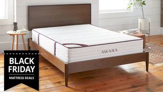 The Awara Natural Hybrid Mattress with latex placed on a wooden bedframe in a calming white bedroom, with a Black Friday mattress deal image overlaid 