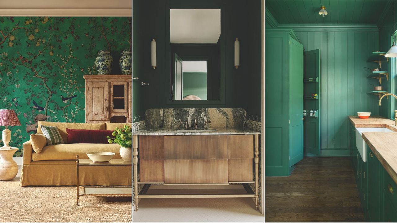 three images of green decorated spaces