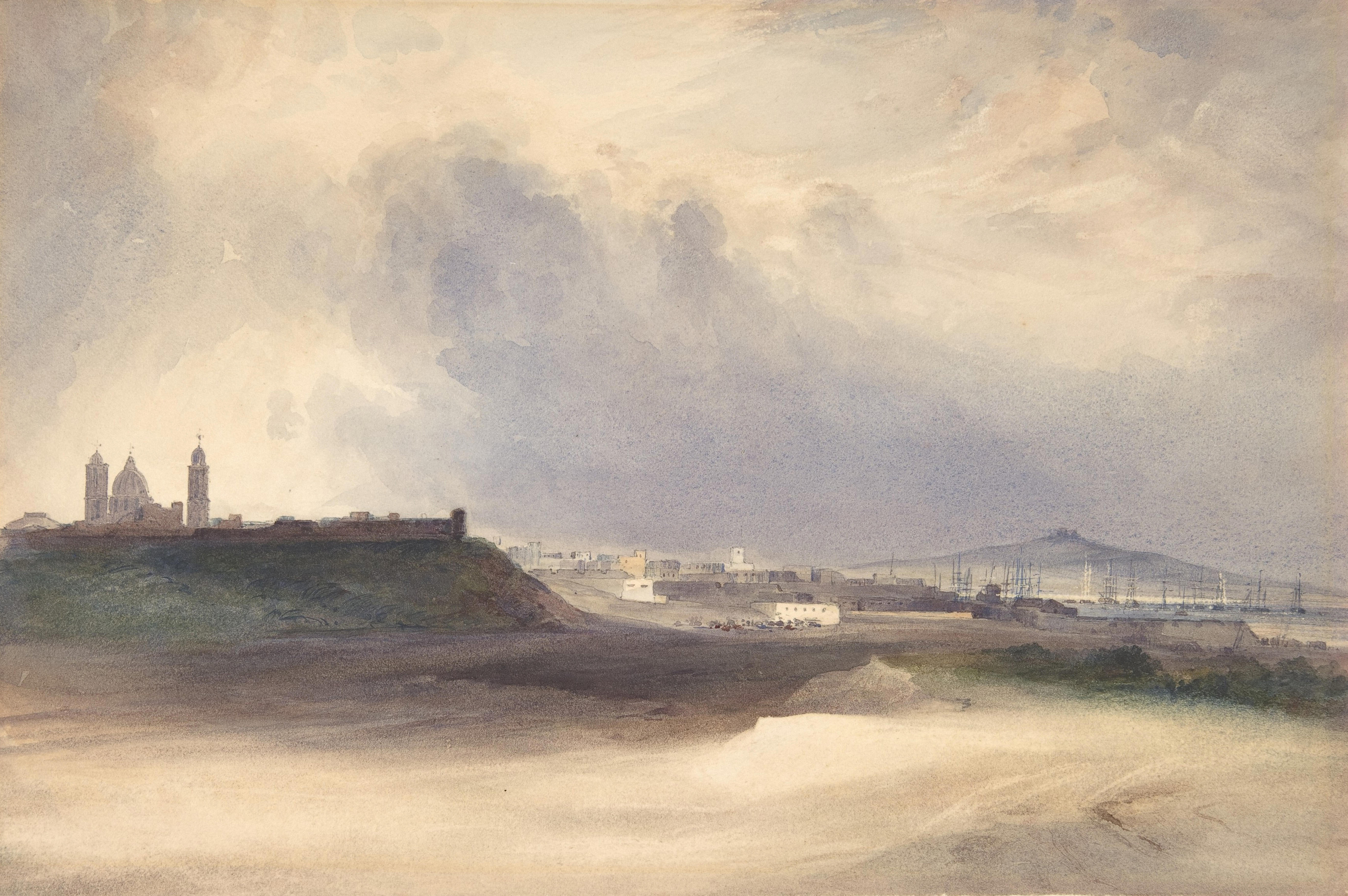 A painting of a wide beige landscape