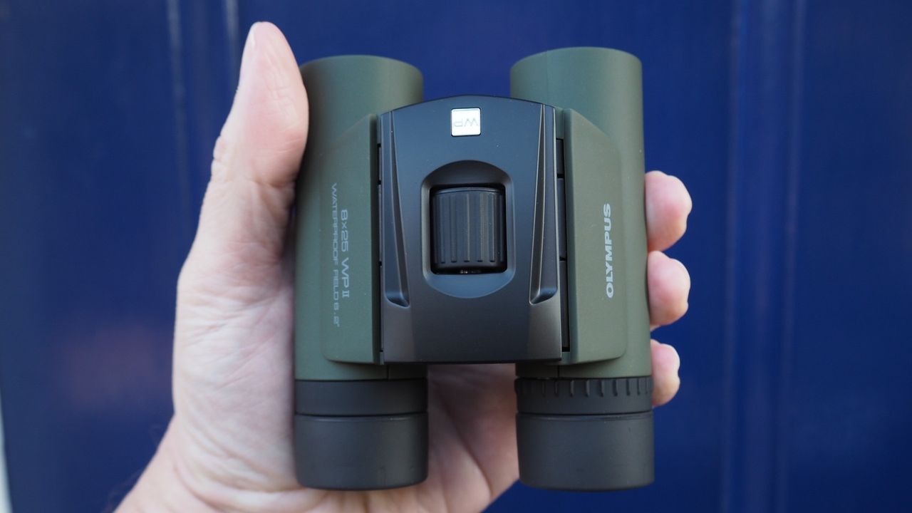 Close up photo of the Olympus 8x25 WP II binoculars