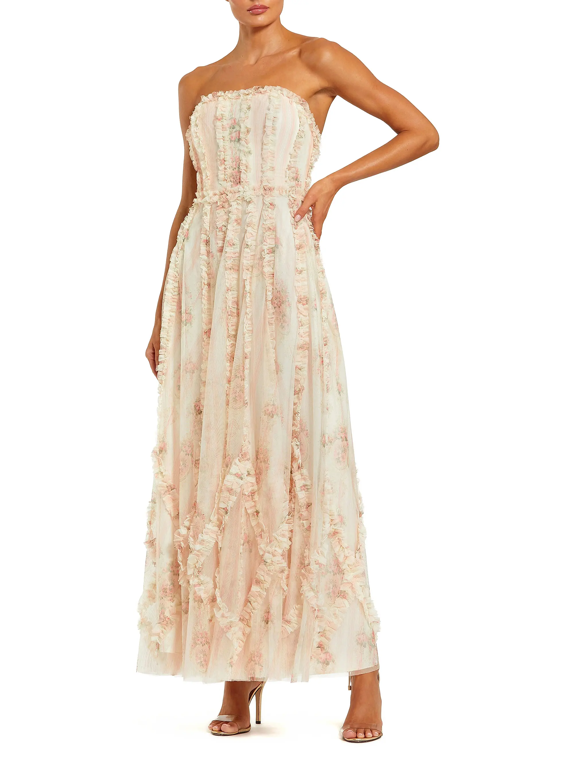 Floral Mesh Ruffled Strapless Gown