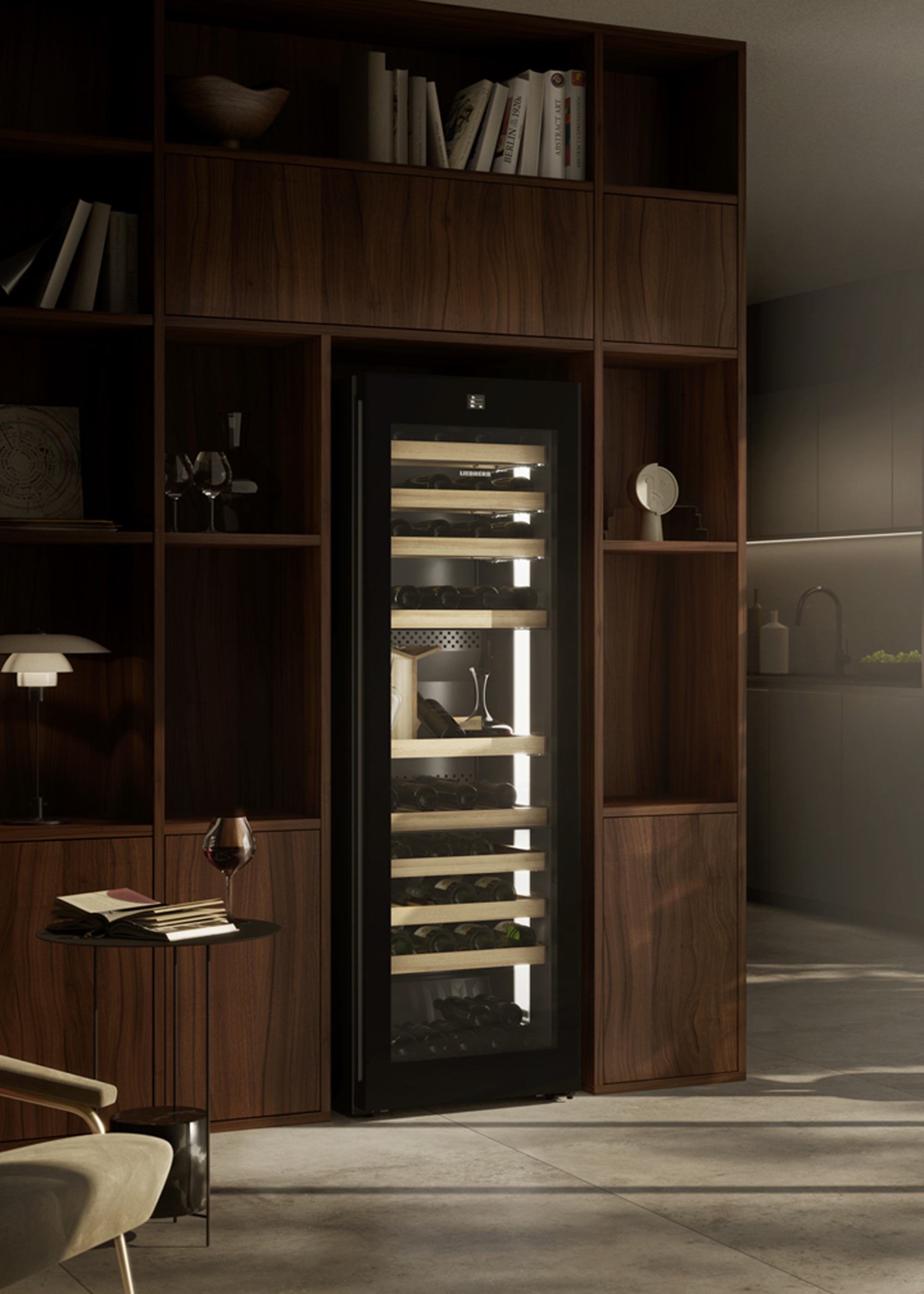 a liebherr vinidor wine fridge in a home with open shelving around it