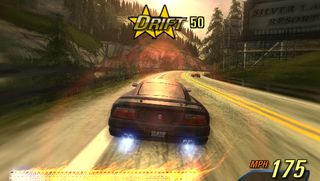 Best original Xbox games – Burnout 3: Takedown screenshot of a car racing on a road track, with another car in the distance ahead.