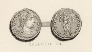 Coin from the time of Valentinian, Flavius Valentinianus, A.D. 321 - 375. On one side is a portrait of Flavius Valentinianus. On the other side is a full body image where he is holding what looks like a small angel statue in one hand and a long staff in the other.