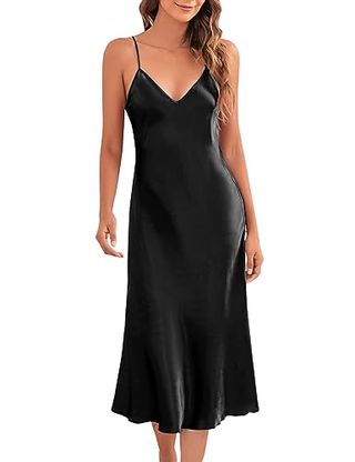 Marvmys Satin Nightdress for Women Uk Long Negligees Strap Chemise Nighties for Ladies V Neck Full Slips Sleepwear Black Xl