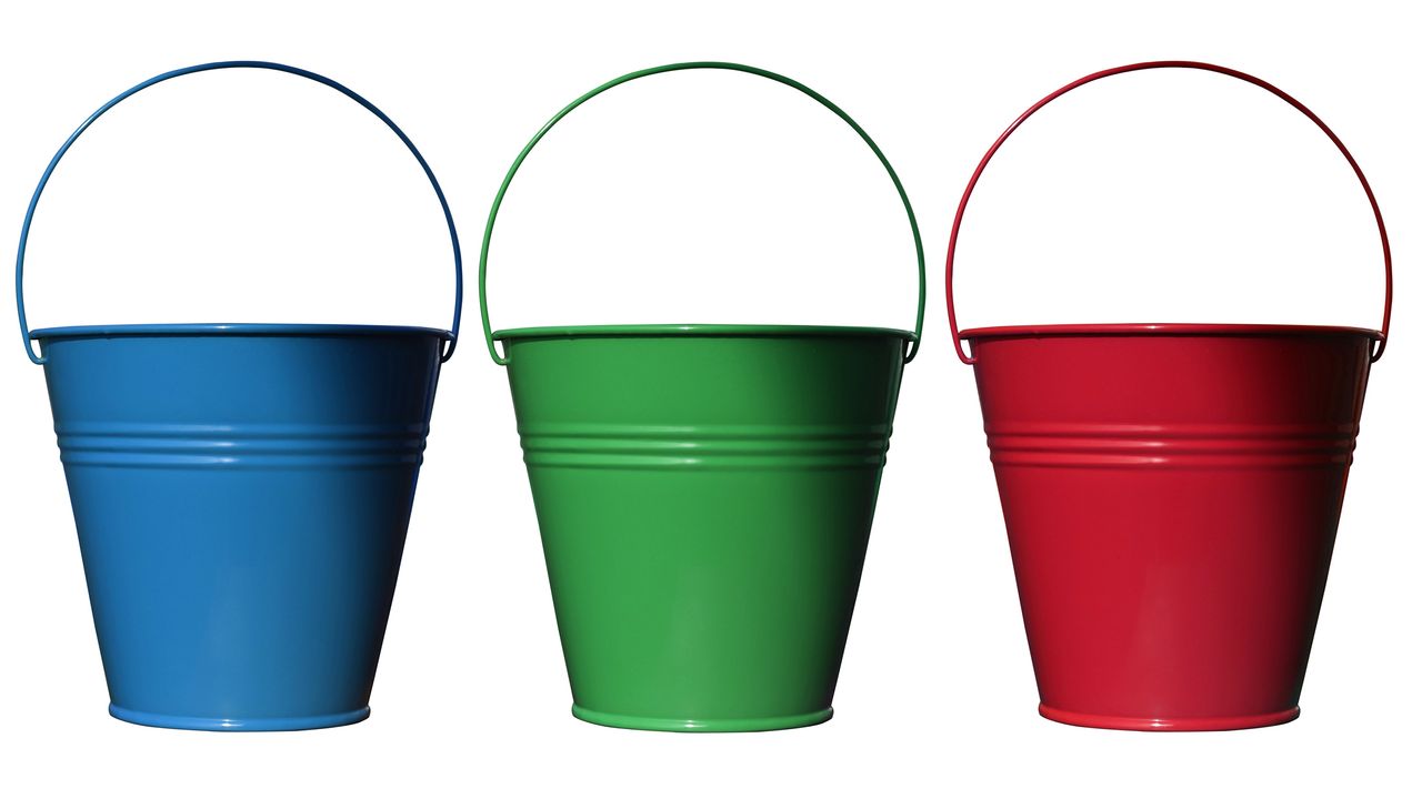 Three buckets -- blue, green and red.