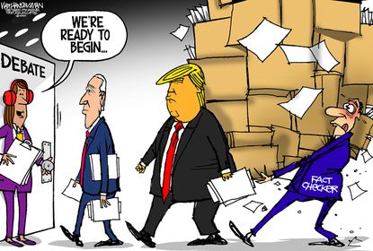 Political Cartoon U.S. Trump Biden debate fact check