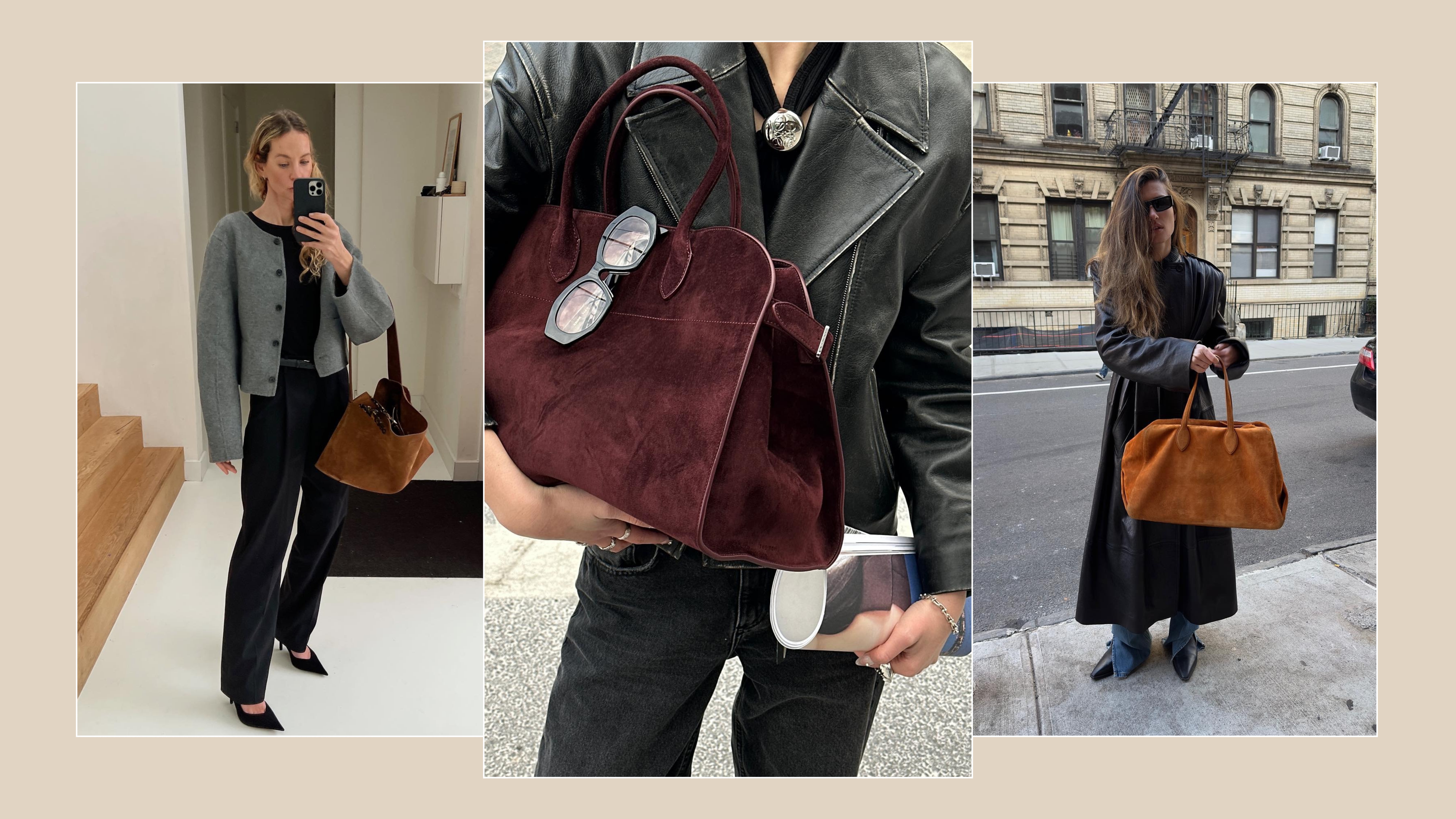 women wear suede tote bags