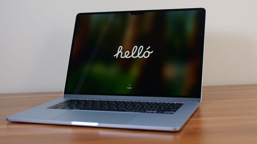 Apple MacBook Air 15-inch M4 showing the greeting after booting up macOS for the first time.