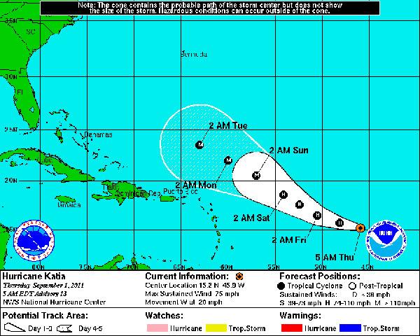 The 5-day projected path of Hurricane Katia as of the morning of Sept. 1.