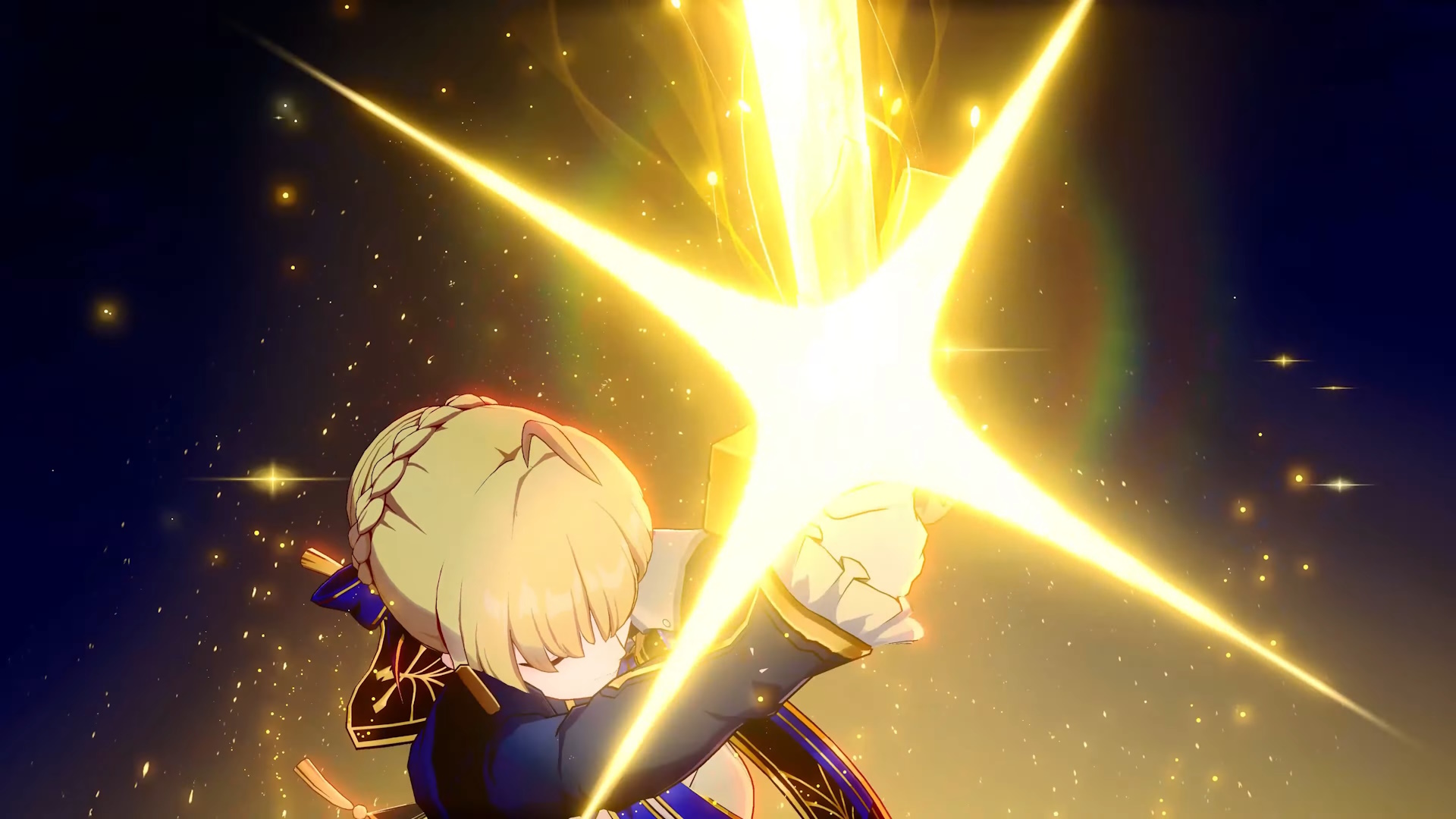 Saber from Honkai: Star Rail holding her sword up as it glows yellow