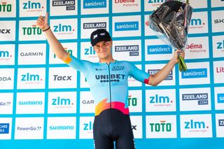 Yentl Vandevelde on the podium after winning stage 1 of the 2023 ZLM Tour