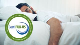  Man asleep on a bed, with CertiPUR-US logo overlaid