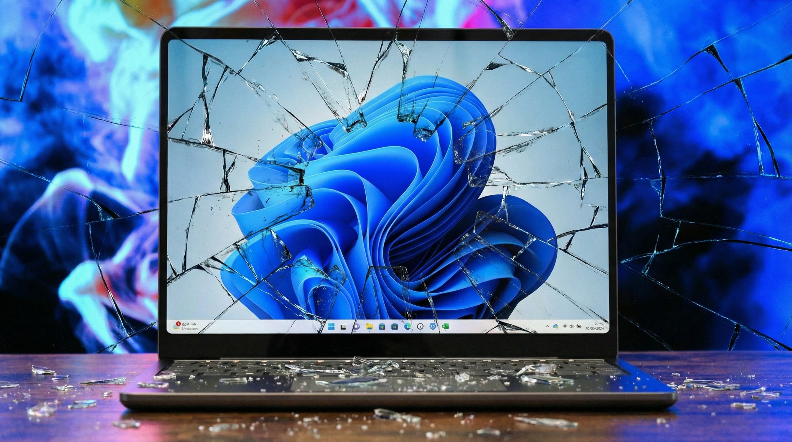 Windows 11 graphic featuring broken glass