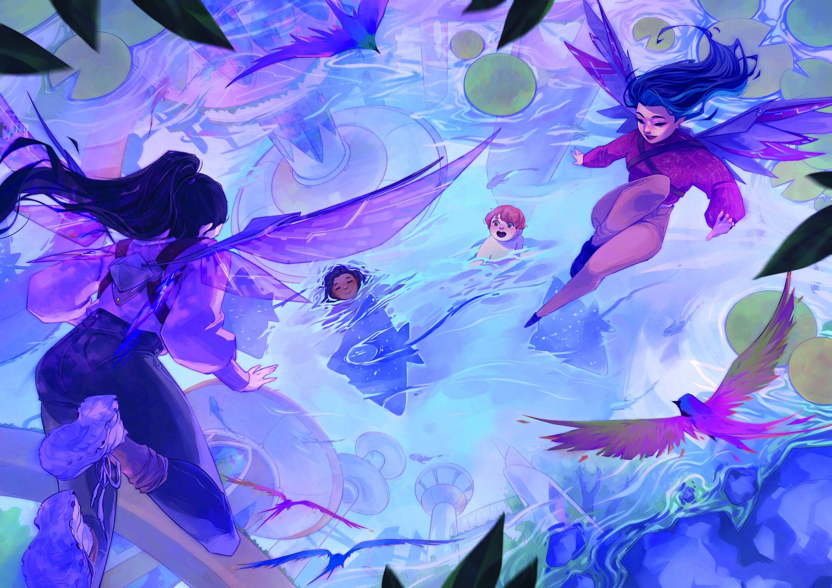 Fantasy digital art showing two human characters in a pond surrounded by fairies