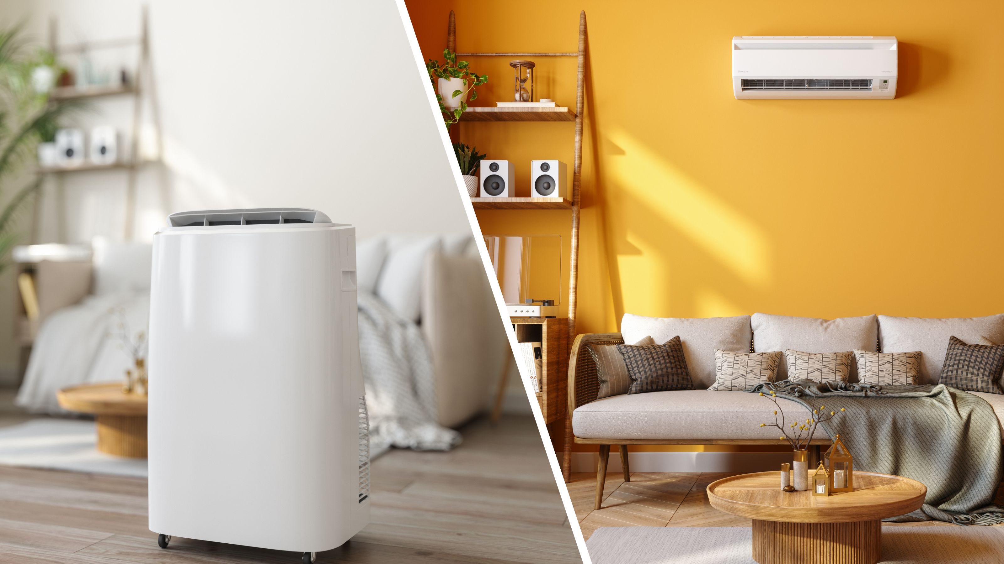 Split screen of portable air conditioner and fitted air conditioning
