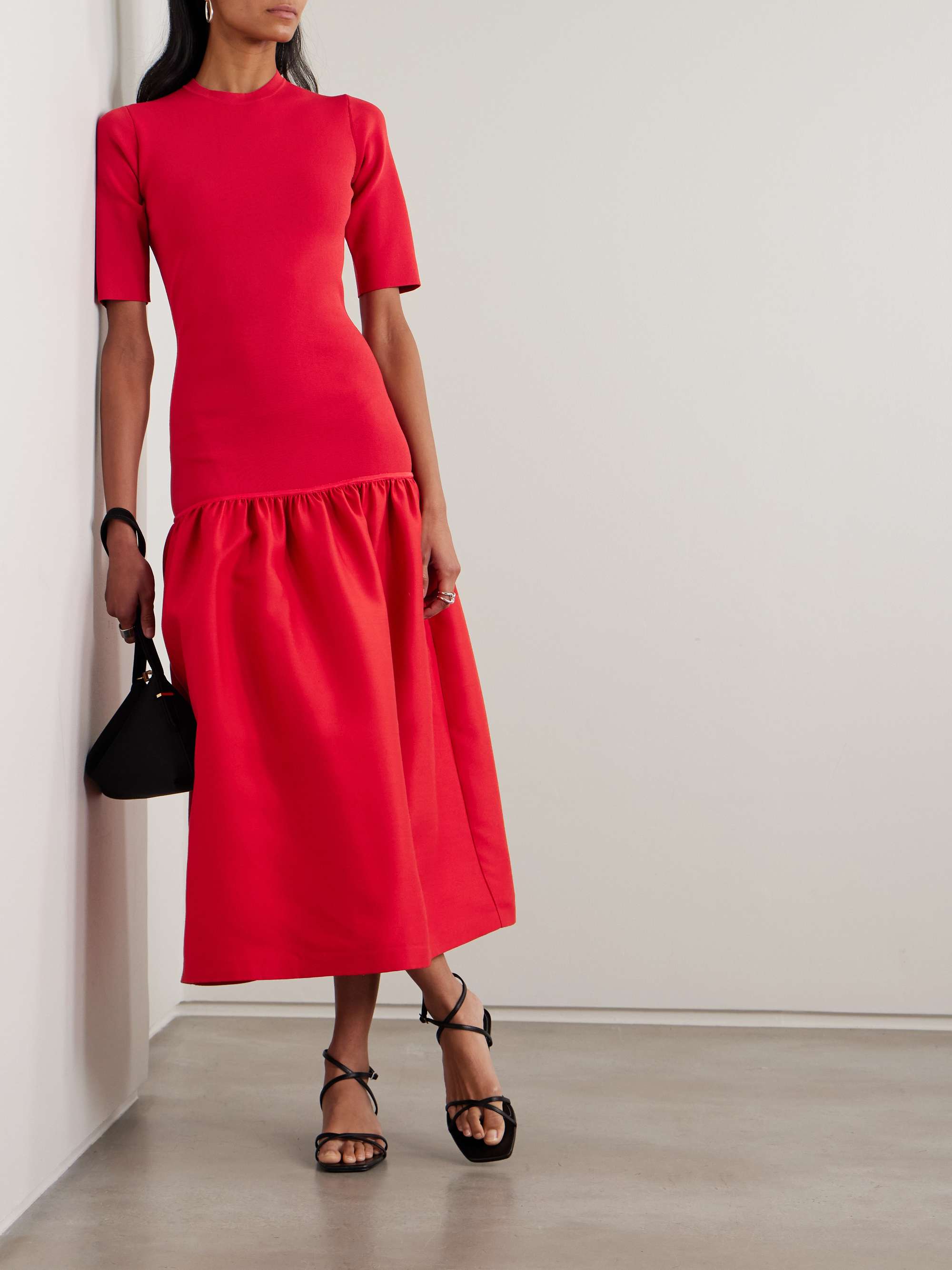 Twinflower Gathered Ribbed-Knit and Wool and Silk-Blend Crepe Midi Dress