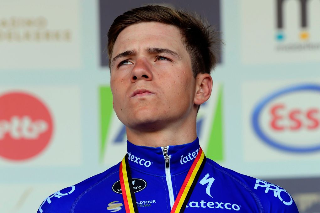 Remco Evenepoel on the podium for third at the Belgian time trial championship