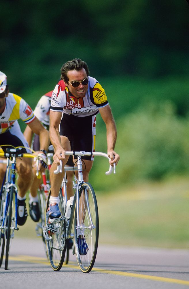 Bernard Hinault of France trains on the course prior to the 1986 World Cycling Championships road race in September 1986 on the grounds of the U.S. Air Force Academy in Colorado Springs, Colorado