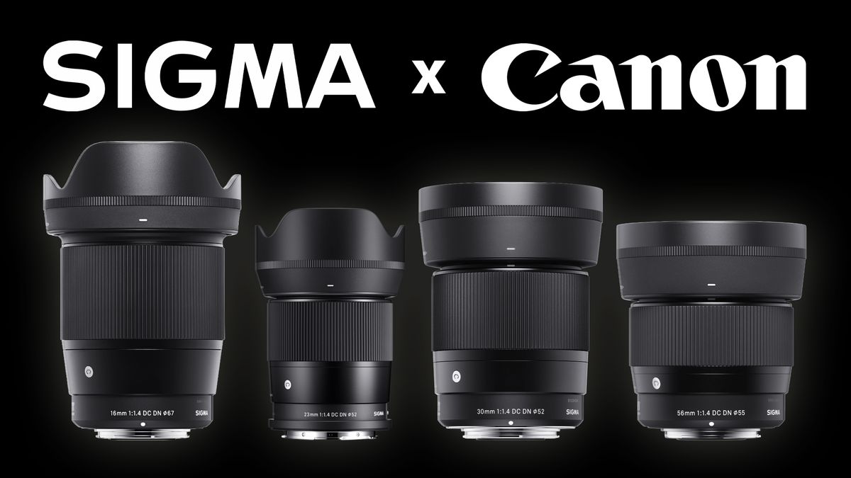 Sigma 16mm, 23mm, 30mm and 56mm f/1.4 prime lenses against a black background, with the text &quot;Sigma x Canon&quot;